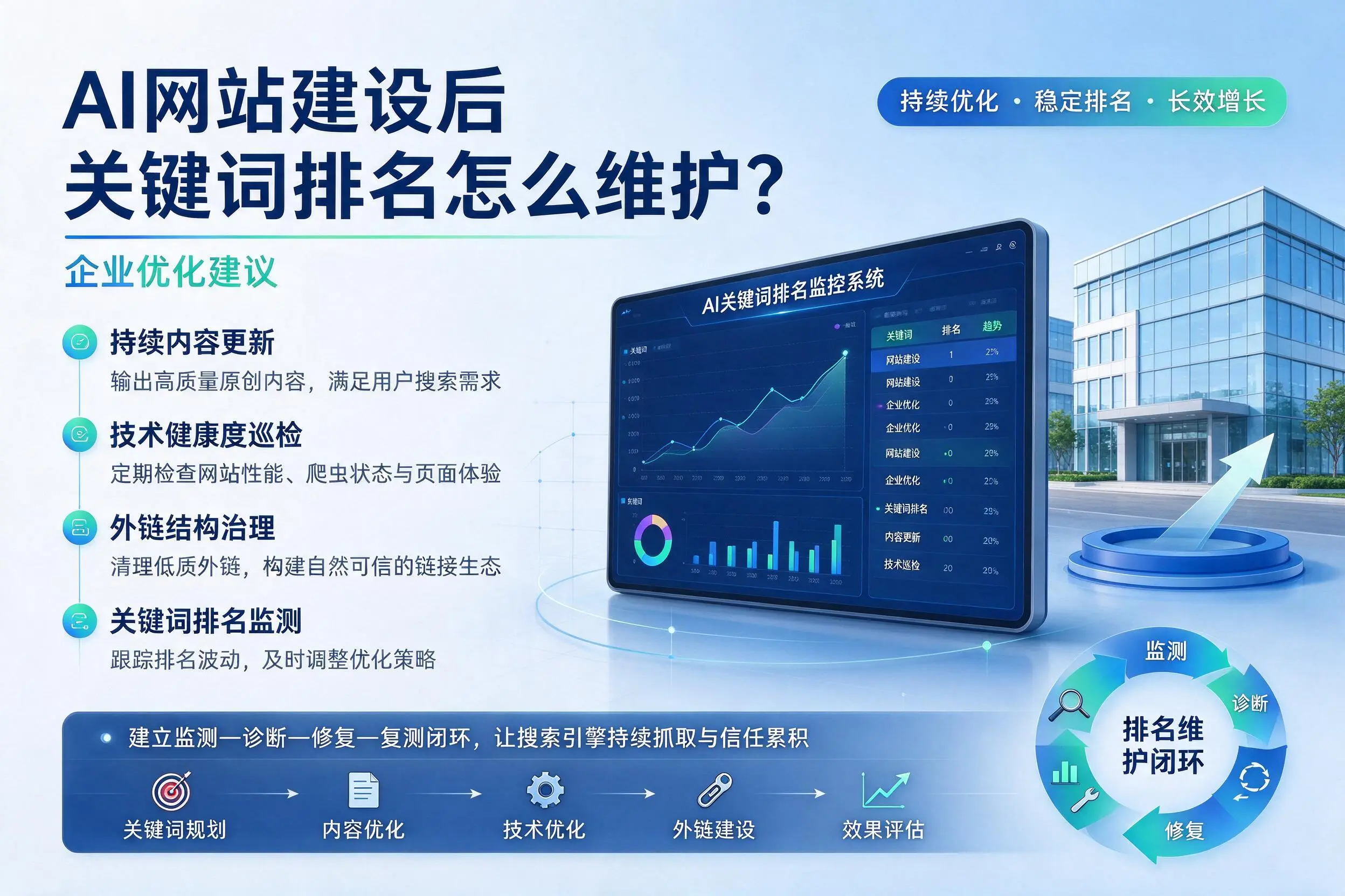 AI网站建设后关键词排名怎么维护？通化企业优化建议