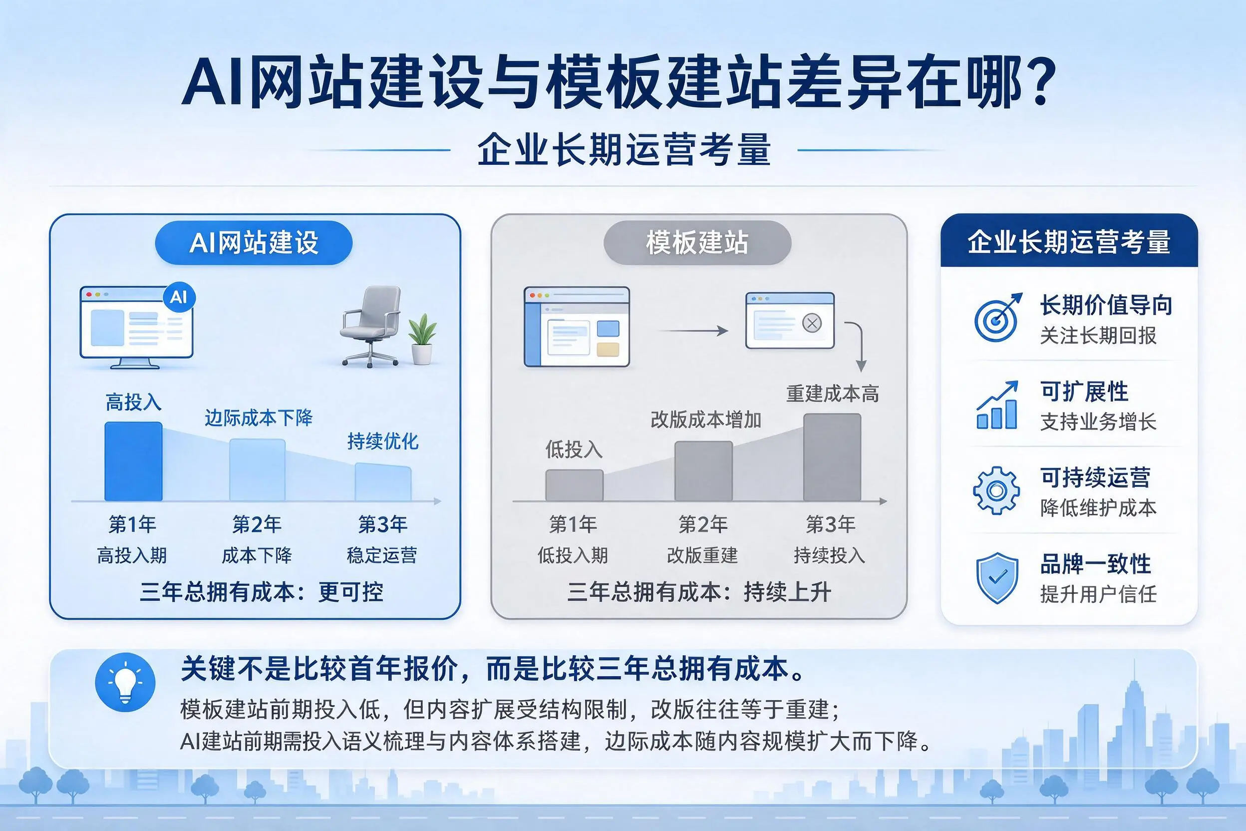 AI网站建设与模板建站差异在哪？通化企业长期运营考量